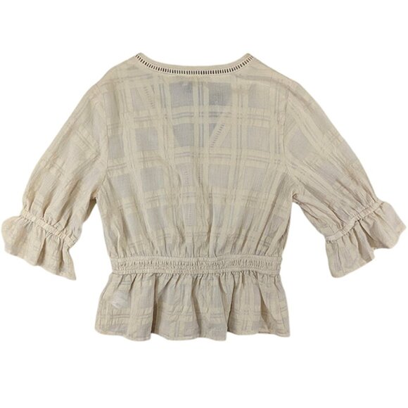 NEW Express Top Womens XS Beige Peasant Seersucker Rouched Smocked Boho Peplum - Picture 2 of 13